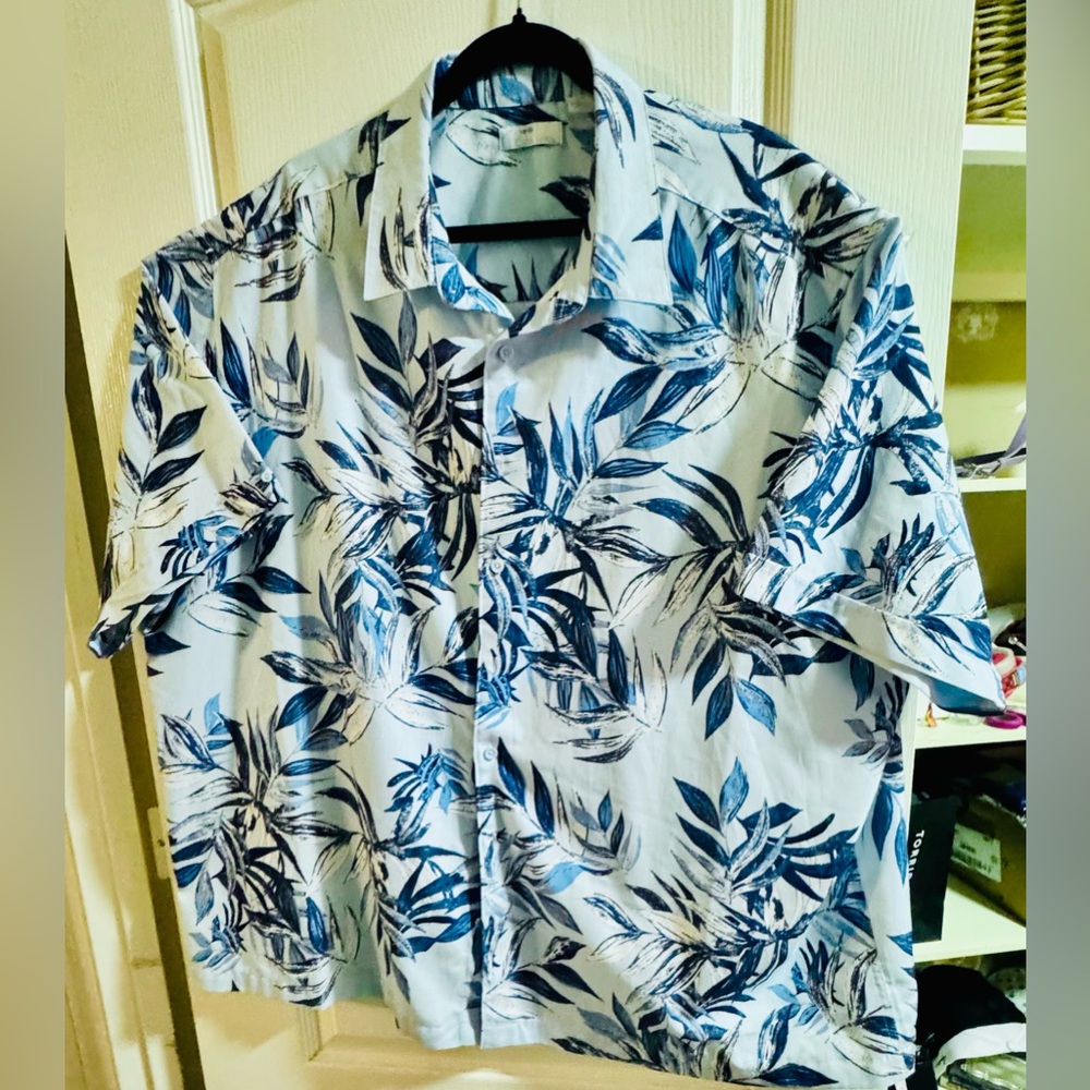 Men's Big 3XL Blue Hawaiian Floral Dress Shirt short sleeves - like NEW